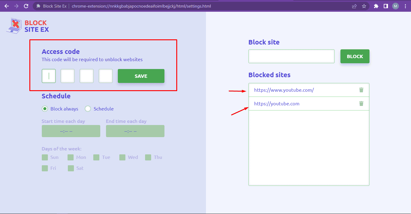 extension settings menu