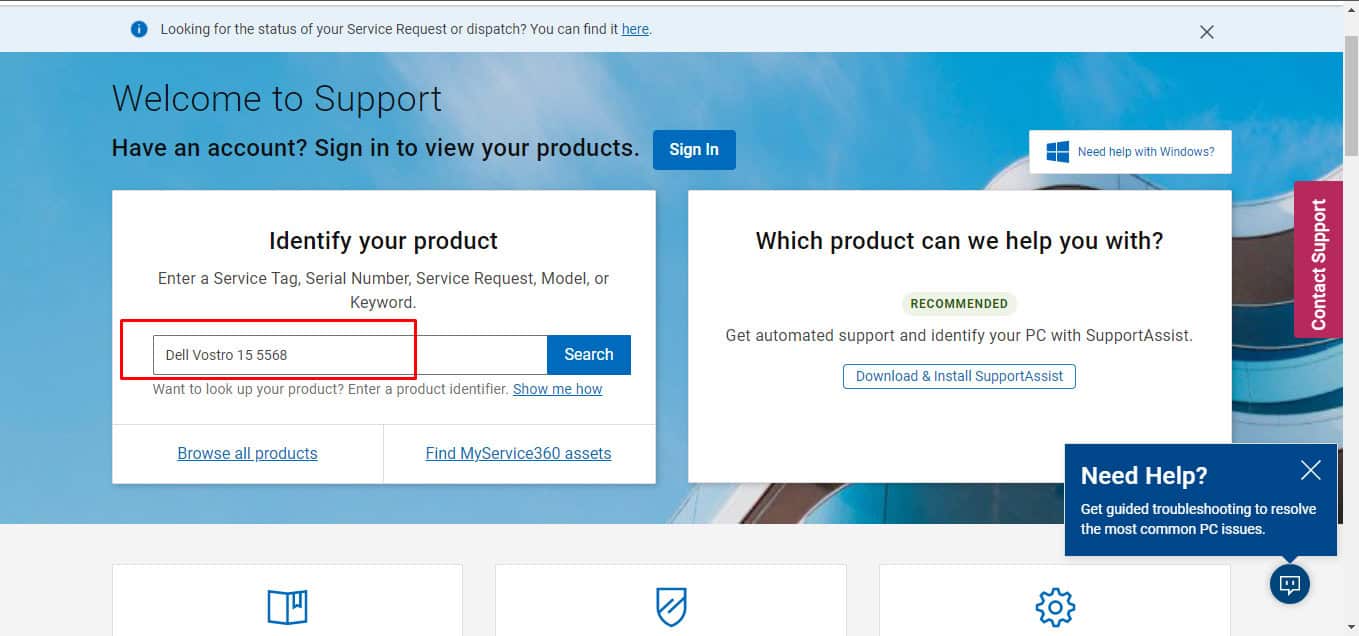 dell support website entering product name