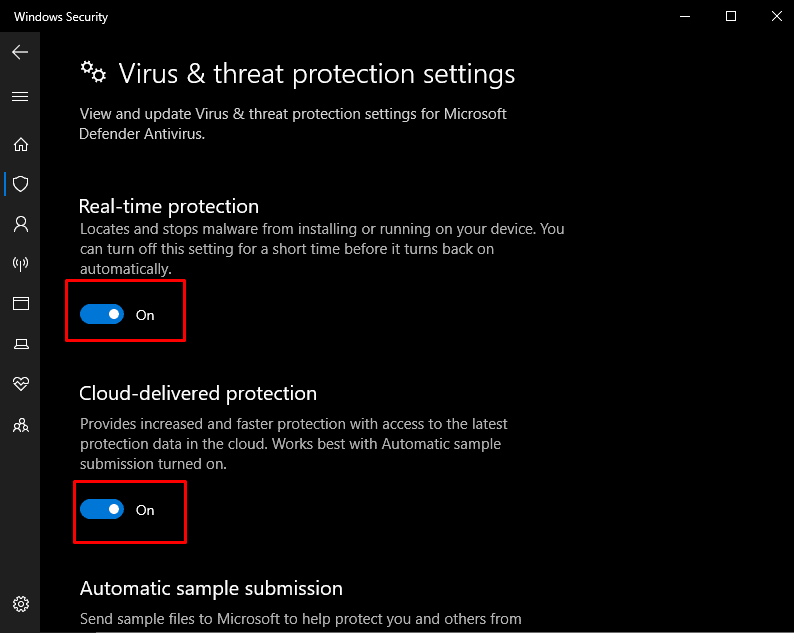 virus and threat protection settings